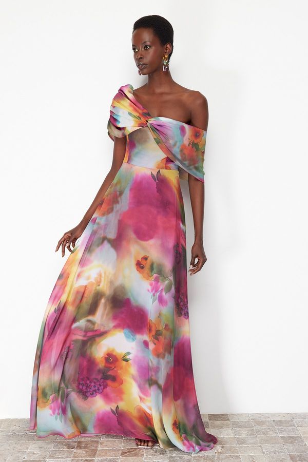 Trendyol Trendyol Multi Color Woven Lined Asymmetric Collar Chiffon Long Evening Evening Dress