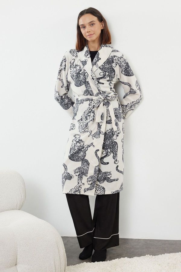 Trendyol Trendyol Multi-Colored Belted Animal Pattern Fleece Winter Knitted Dressing Gown