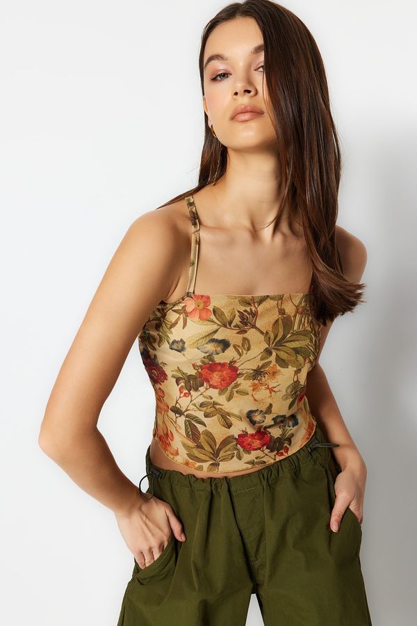 Trendyol Trendyol Multi-Colored Floral Print Fitted/Sleezy Tulle Knit Blouse with Straps and Crop lining