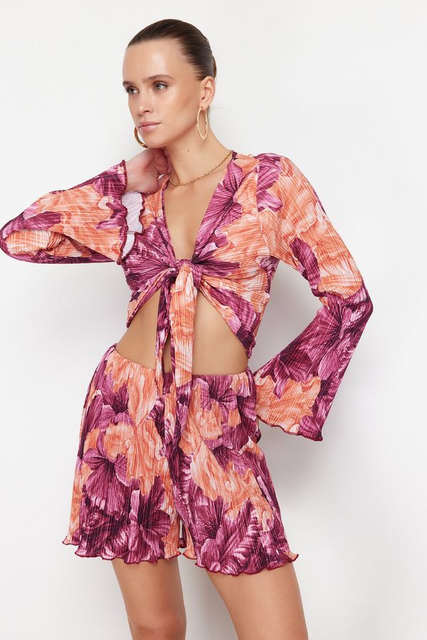 Trendyol Trendyol Multi-Colored Floral Printed Pleated Long-Sleeved Stretch Knitted Bottom-Top Suit