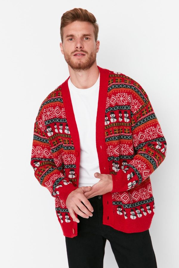 Trendyol Trendyol Multi-colored Men's Oversize Fit Wide-Mount Christmas Knitwear Cardigan.