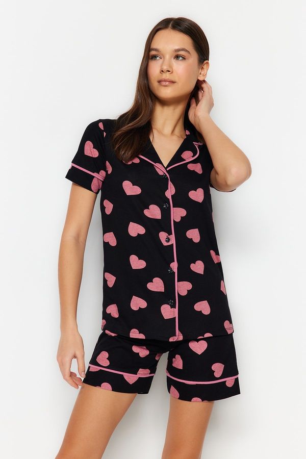 Trendyol Trendyol Multicolored 100% Cotton Heart Patterned Piping Detailed Shirt-Shorts Knitted Pajama Set