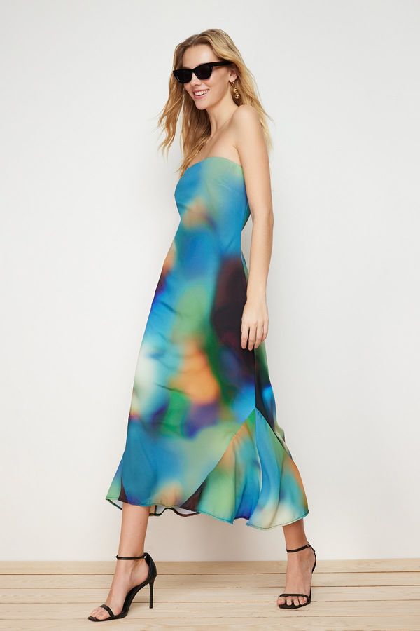Trendyol Trendyol Multicolored Abstract Patterned Skirt Flounces Strapless Midi Woven Dress