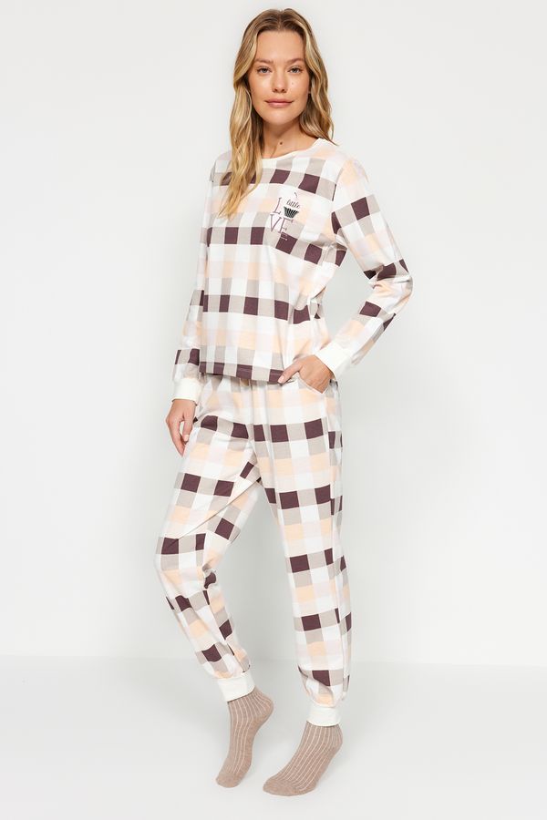 Trendyol Trendyol Multicolored Cotton Plaid Tshirt-Jogger Knitted Pajama Set