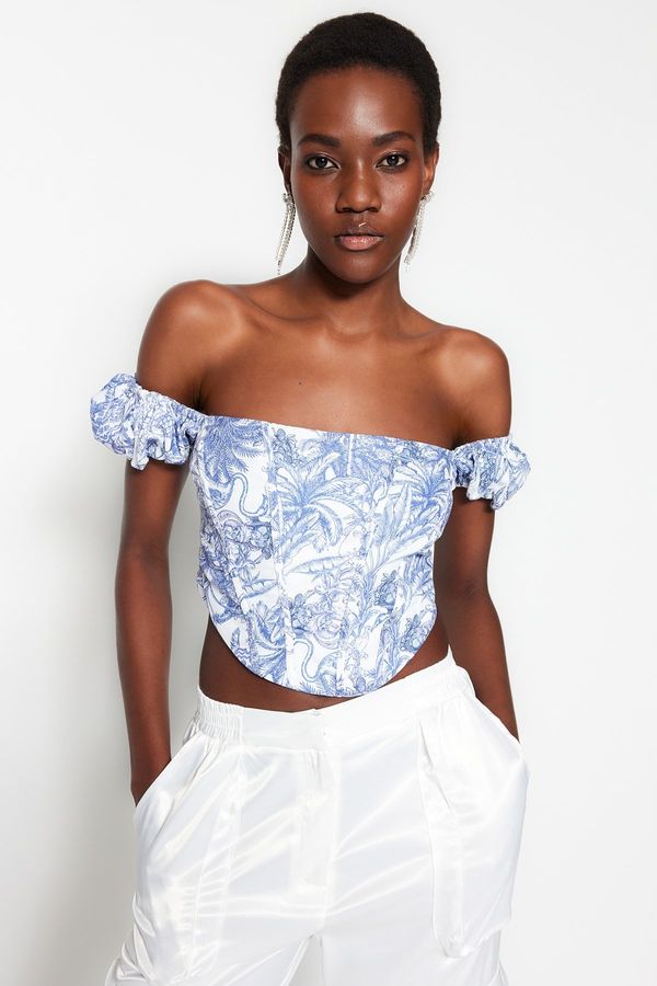 Trendyol Trendyol Multicolored Crop Lined Corset Detailed Floral Patterned Woven Poplin Bustier