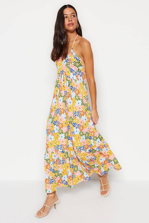 Trendyol Trendyol Multicolored Floral Pattern With Tie Back Detail Maxi Knitted Dress