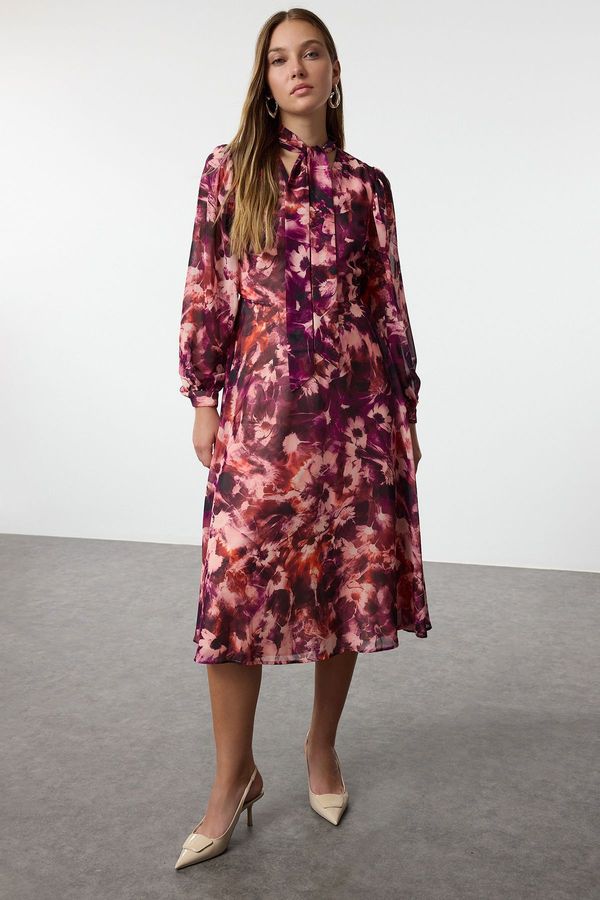 Trendyol Trendyol Multicolored Floral Patterned A-Line Scarf Collar Lined Chiffon Midi Woven Dress