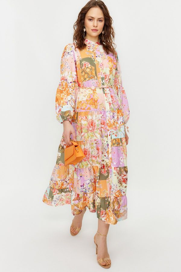 Trendyol Trendyol Multicolored Floral Patterned Linen Look Woven Dress with Belt Detail