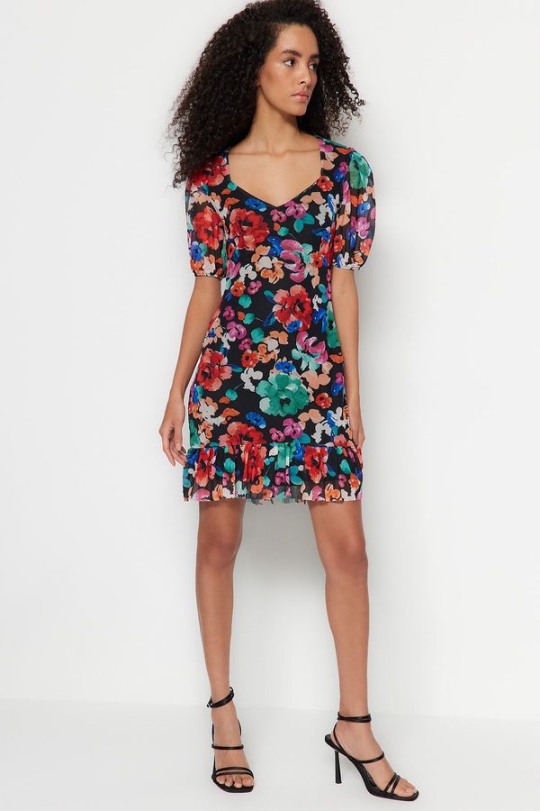 Trendyol Trendyol Multicolored Floral Print A-Line Mini Tulle Knitting Dress With Low-Cut Back