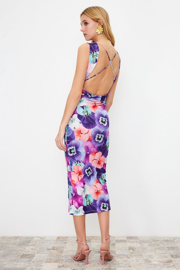 Trendyol Trendyol Multicolored Floral Printed Back Detailed Gathered Zero Sleeve Flexible Knitted Maxi Dress