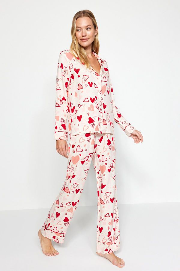 Trendyol Trendyol Multicolored Heart Pile Detailed Viscose Shirt-Pants Woven Pijamas Set