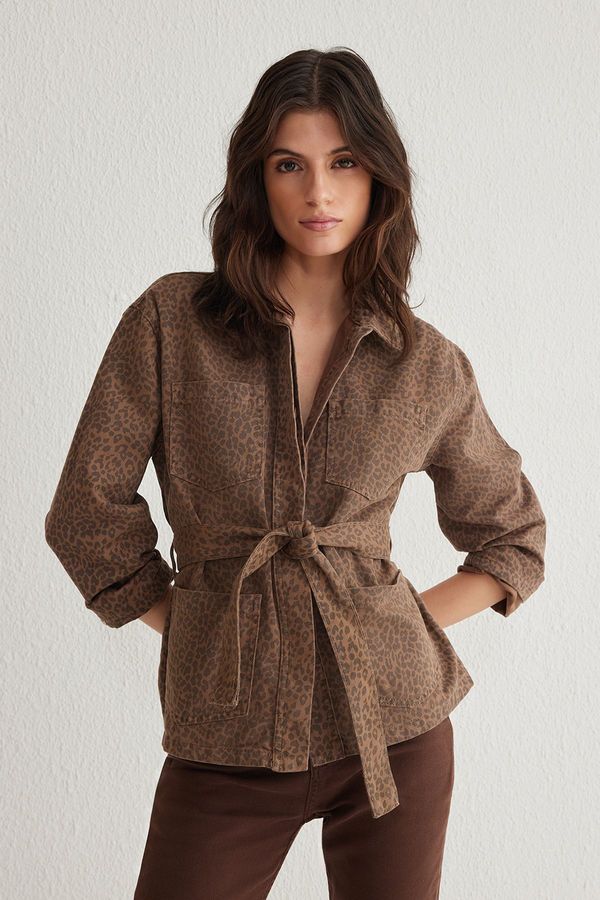 Trendyol Trendyol Multicolored Leopard Patterned Belted Brown Denim Jacket