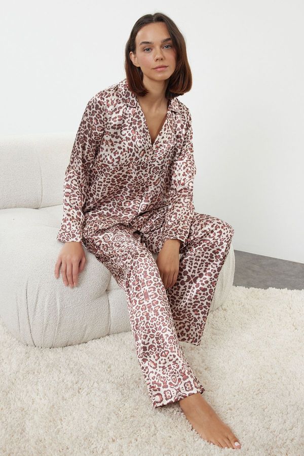 Trendyol Trendyol Multicolored Leopard Patterned Satin Shirt Trousers Woven Pajama Set