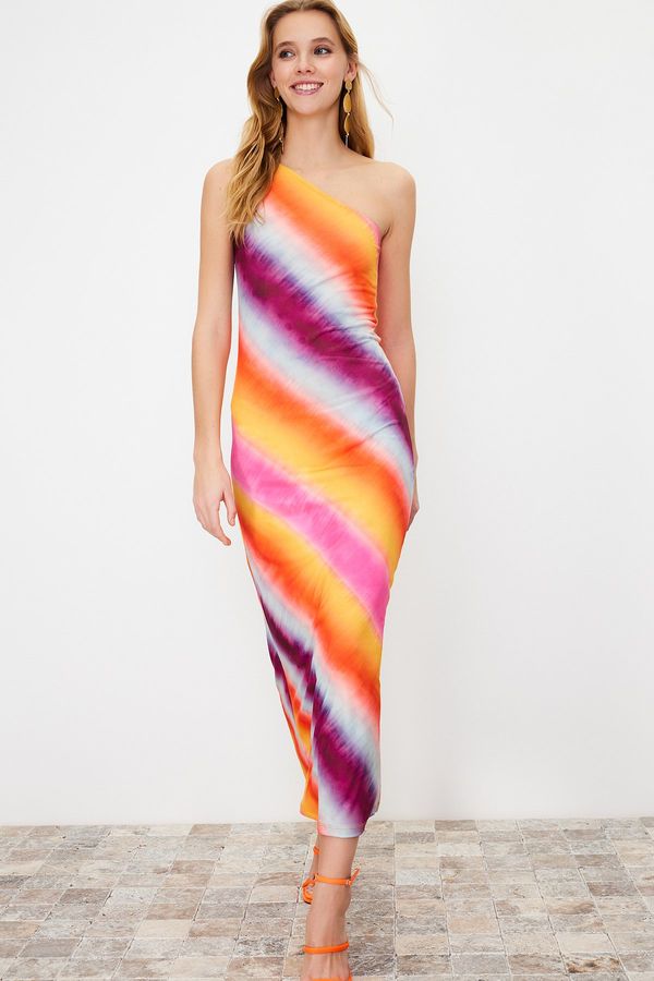 Trendyol Trendyol Multicolored Printed Fitted Asymmetrical Neckline Stretchy Knitted Maxi Dress