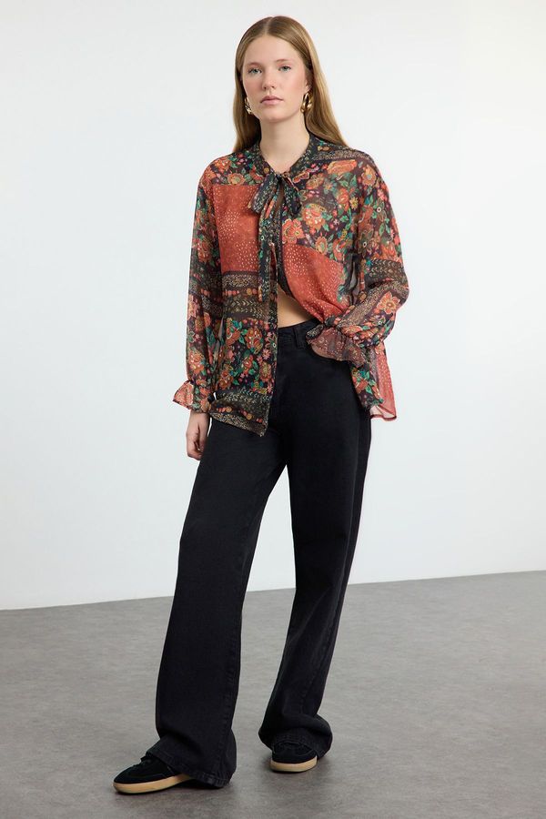 Trendyol Trendyol Multicolored Tie Detailed Ethnic Patterned Oversize Wide Pattern Shirt