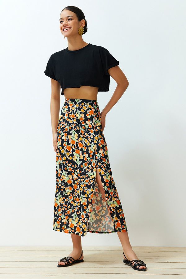 Trendyol Trendyol Multicolored Viscose Fabric Floral Patterned Slit Midi Woven Skirt
