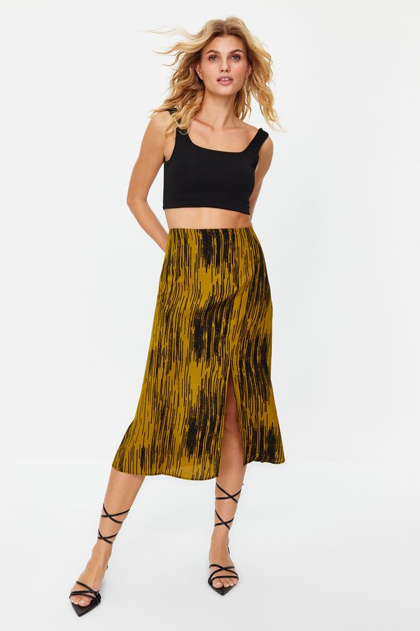 Trendyol Trendyol Mustard Slit Detailed Viscose Fabric Patterned Midi Woven Skirt