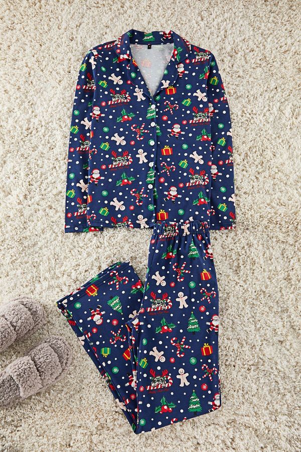 Trendyol Trendyol Navy Blue 100% Cotton Christmas Themed Knitted Pajamas Set