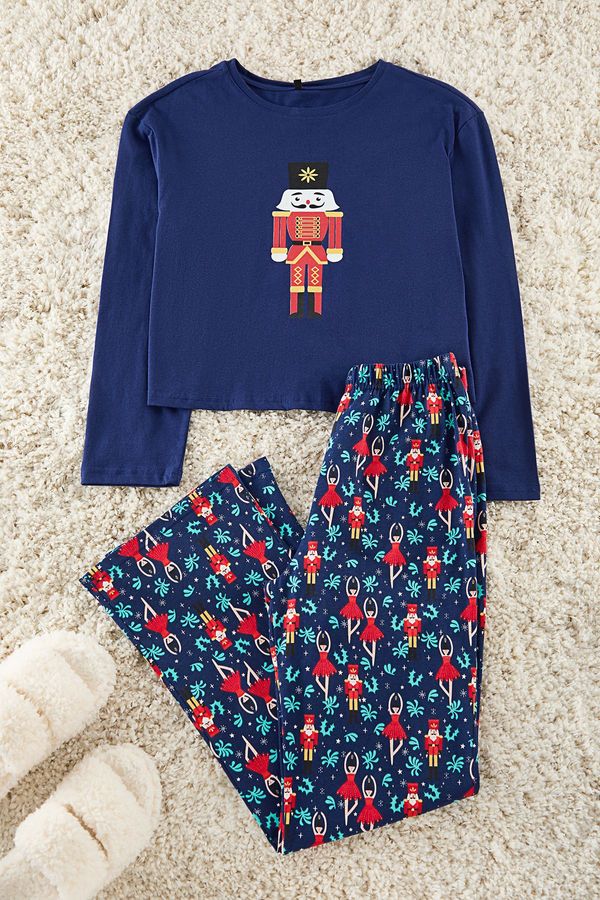 Trendyol Trendyol Navy Blue 100% Cotton Christmas Themed Knitted Pajamas Set