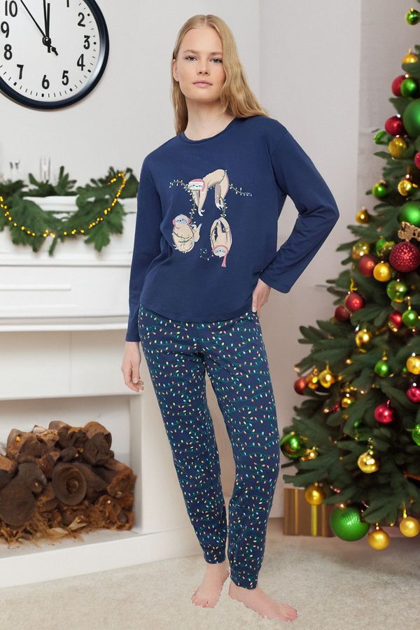 Trendyol Trendyol Navy Blue 100% Cotton Christmas Themed Knitted Pajamas Set