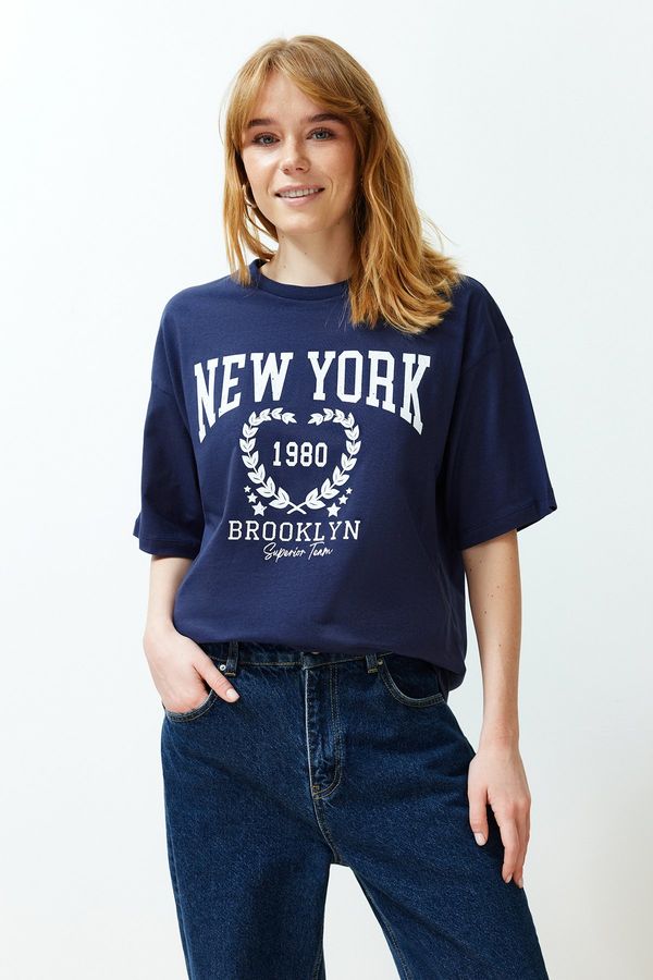 Trendyol Trendyol Navy Blue 100% Cotton City Print Oversize/Wide-Fit Knitted T-Shirt