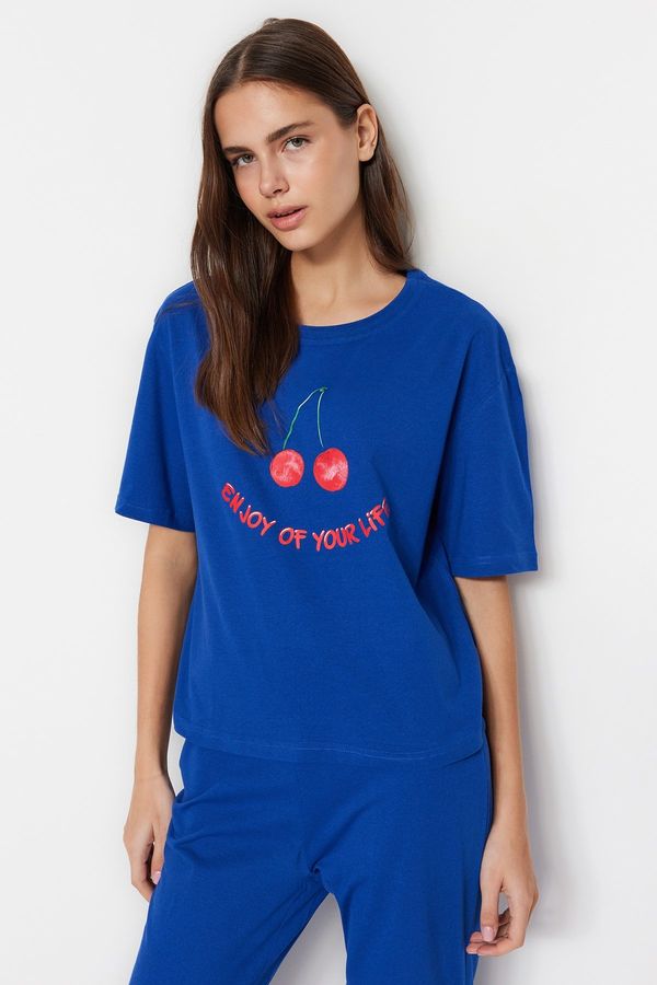 Trendyol Trendyol Navy Blue 100% Cotton Fruit Printed T-shirt-Pants Knitted Pajamas Set