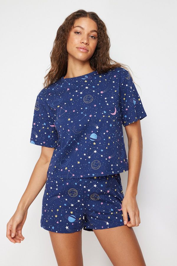 Trendyol Trendyol Navy Blue 100% Cotton Galaxy Patterned Knitted Pajamas Set