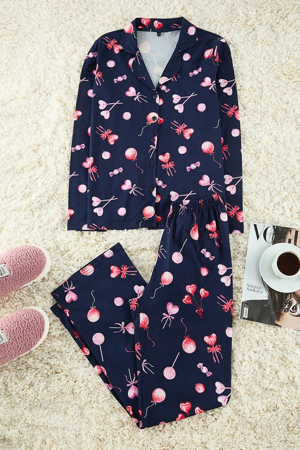 Trendyol Trendyol Navy Blue 100% Cotton Heart Knitted Pajama Set