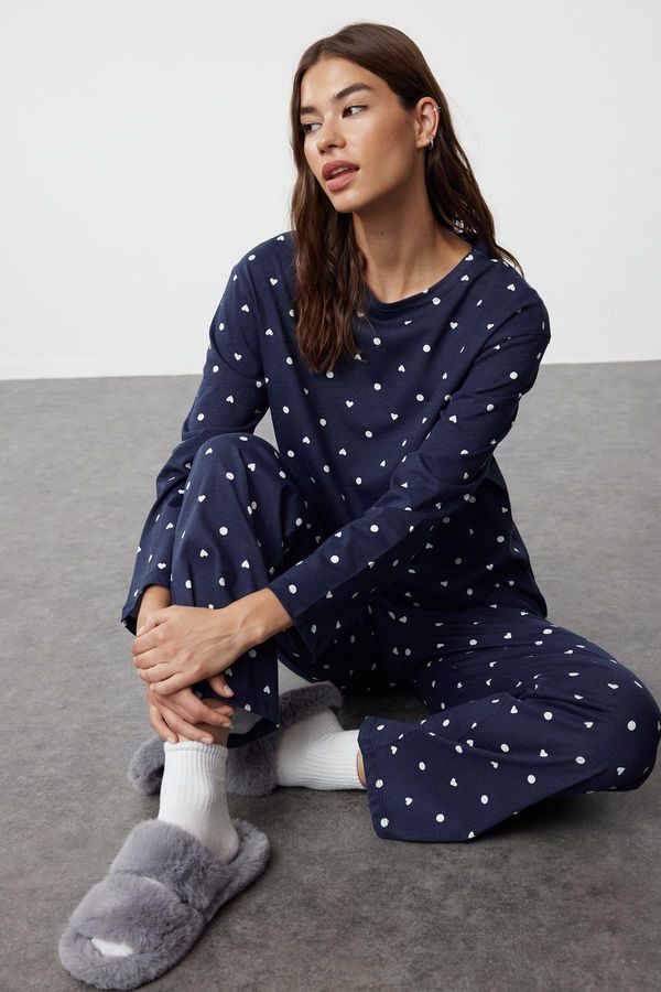 Trendyol Trendyol Navy Blue 100% Cotton Polka Dot and Heart Knitted Pajama Set