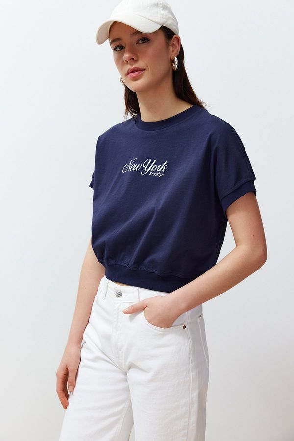 Trendyol Trendyol Navy Blue 100% Cotton Premium Motto Printed Knitted T-Shirt