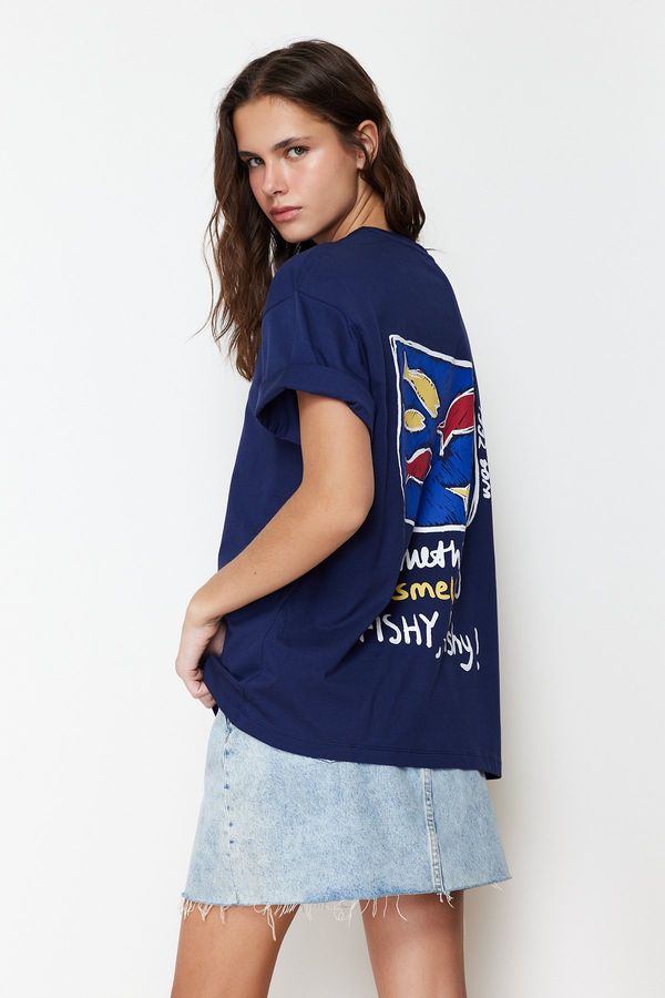 Trendyol Trendyol Navy Blue 100% Cotton Printed Oversize/Wide Fit Crew Neck Knitted T-Shirt