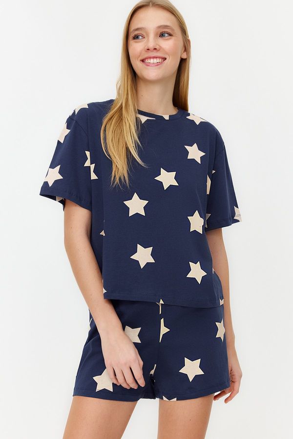 Trendyol Trendyol Navy Blue 100% Cotton Star Patterned T-shirt-Shorts Knitted Pajama Set