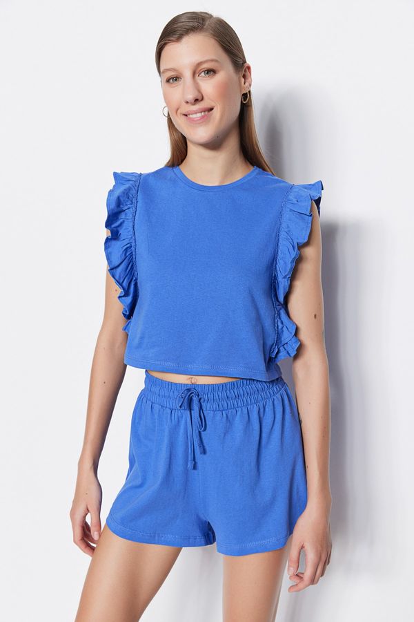 Trendyol Trendyol Navy Blue 100% Cotton T-shirt with Frills-Shorts, Knitted Pajamas Set