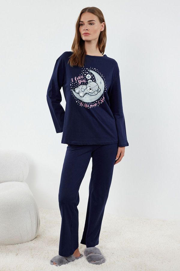 Trendyol Trendyol Navy Blue 100% Cotton Teddy Bear and Galaxy Patterned Knitted Pajama Set