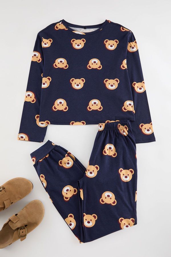 Trendyol Trendyol Navy Blue 100% Cotton Teddy Bear Patterned Knitted Pajama Set