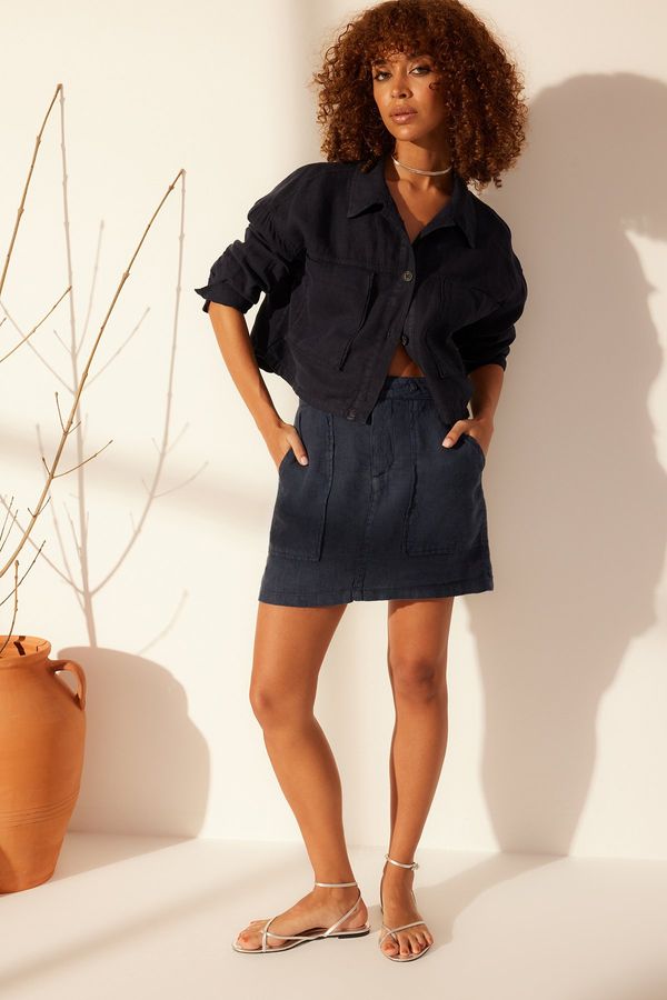 Trendyol Trendyol Navy Blue 100% Linen Pocket Detail Mini Skirt