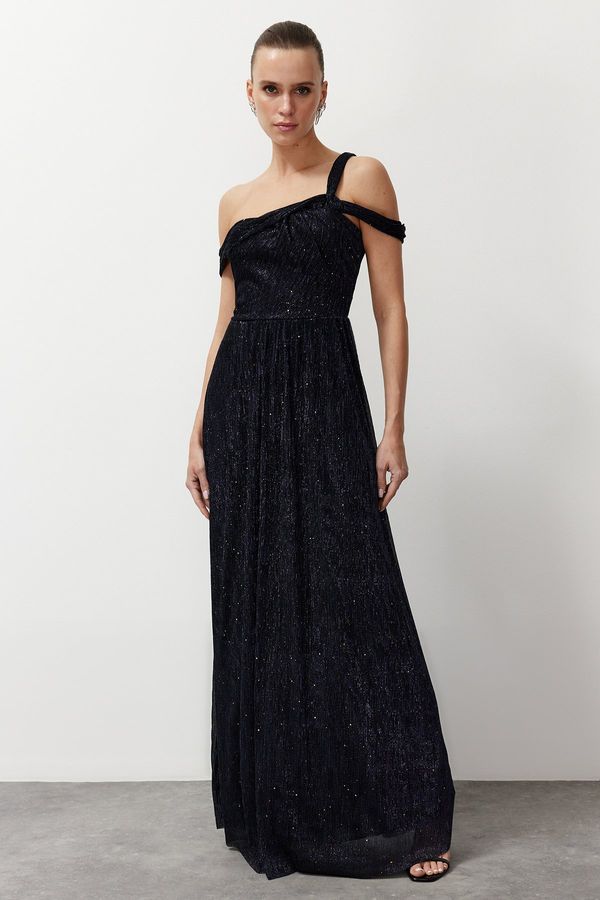 Trendyol Trendyol Navy Blue A-Cut Asymmetrical Neckline Knitted Long Evening Dress