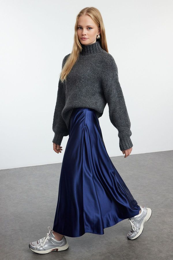 Trendyol Trendyol Navy Blue A Line/Flare Cut Satin Midi Skirt