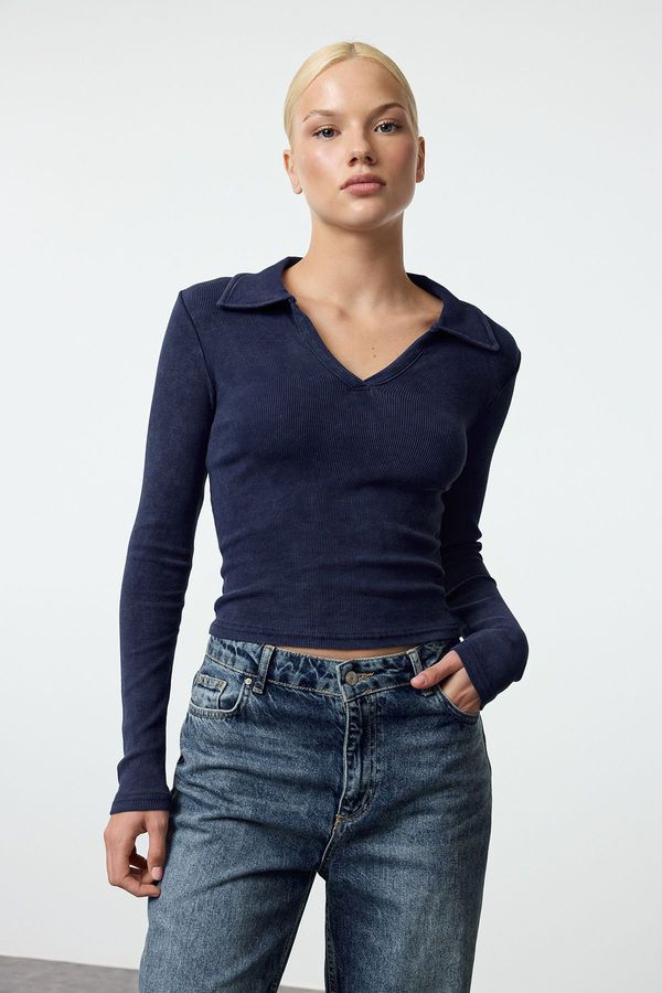 Trendyol Trendyol Navy Blue Aged/Faded Effect Body-Smoothing Polo Collar Ribbed Flexible Knitted Blouse