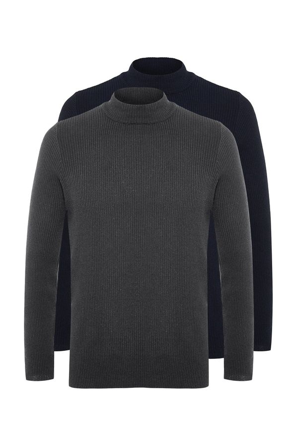 Trendyol Trendyol Navy Blue-Anthracite Slim Fit Half Elastic Knit 2-Pack Knitwear Sweater