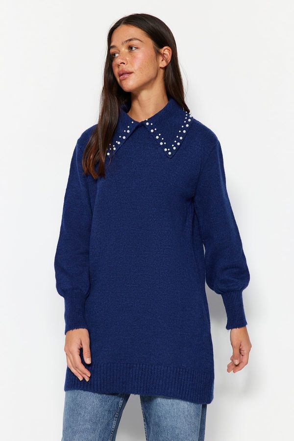 Trendyol Trendyol Navy Blue Baby Collar Pearly Soft Knitwear Sweater