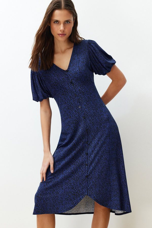 Trendyol Trendyol Navy Blue Balloon Sleeve Printed Midi Flexible Knitted Midi Dress