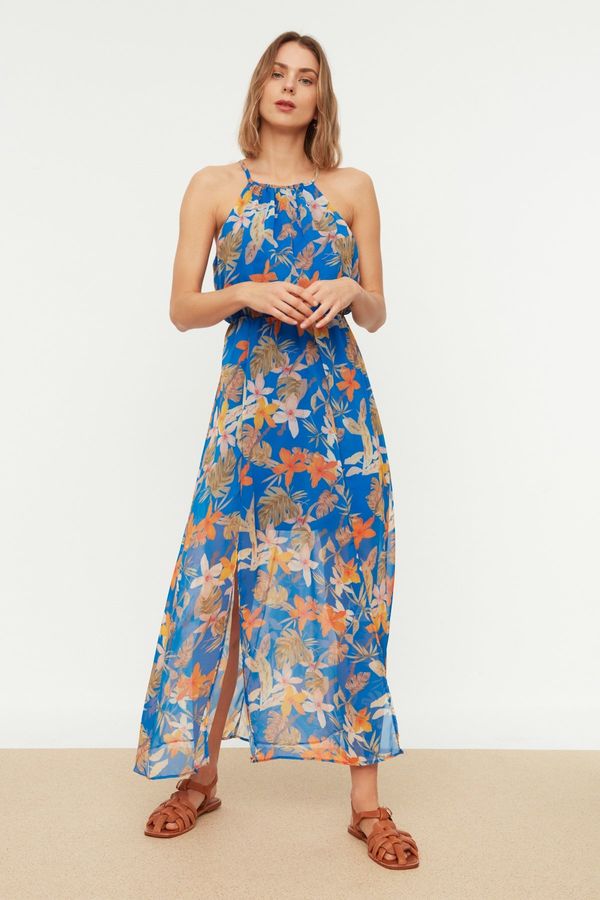 Trendyol Trendyol Navy Blue Barbell Neck A-Line Slit Lined Maxi Chiffon Woven Dress