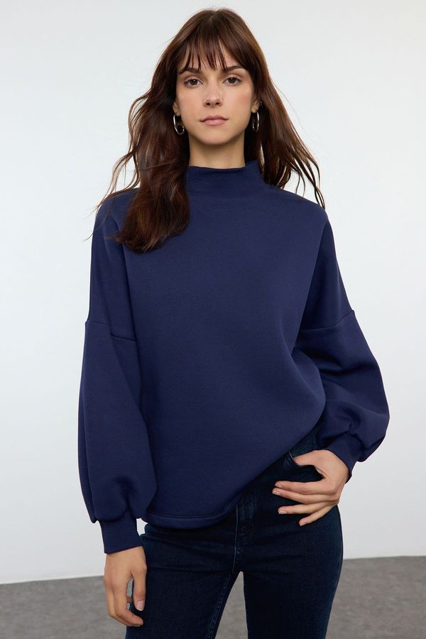 Trendyol Trendyol Navy Blue Basic Oversize/Wide Pattern Half Turtleneck Thick Polar Fleece Knitted Sweatshirt