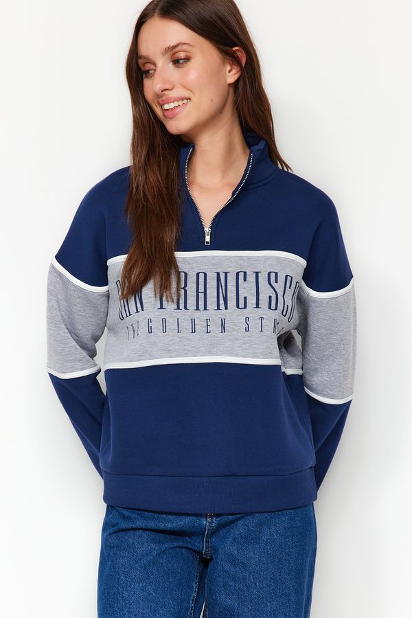 Trendyol Trendyol Navy Blue Basic Printed Knitted Sweatshirt with Fleece Inside