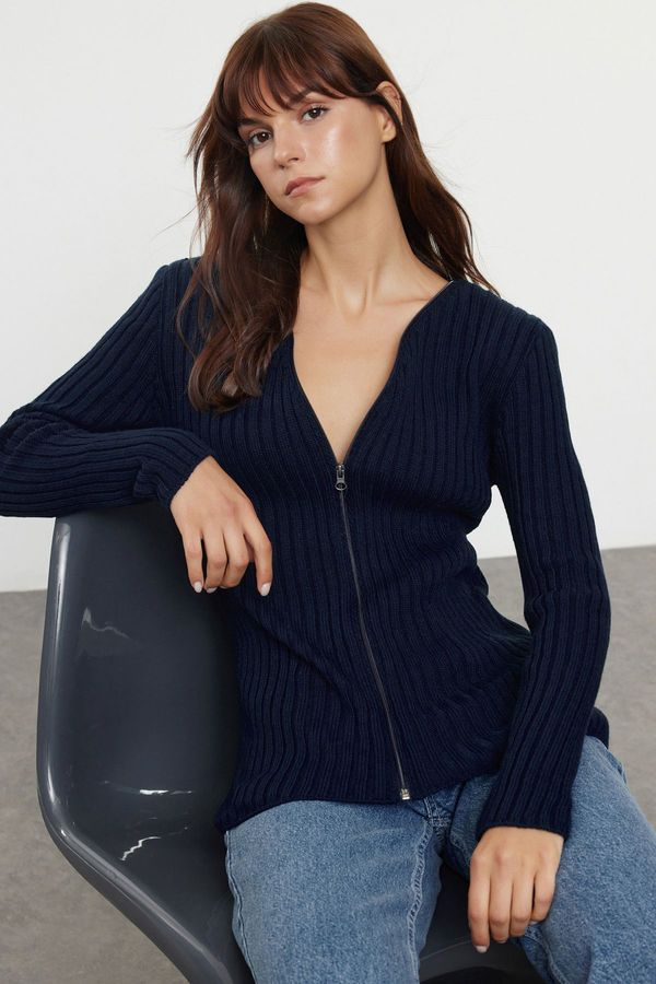 Trendyol Trendyol Navy Blue Basic Ribbed Knit Cardigan