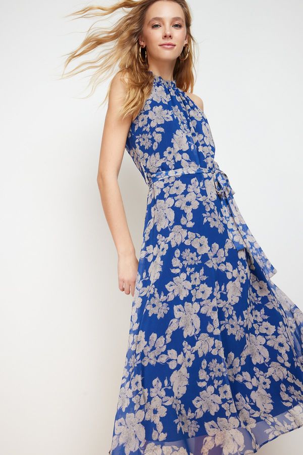 Trendyol Trendyol Navy Blue Belted A-Line Midi Lined Halter Neck Sleeveless Floral Print Woven Dress