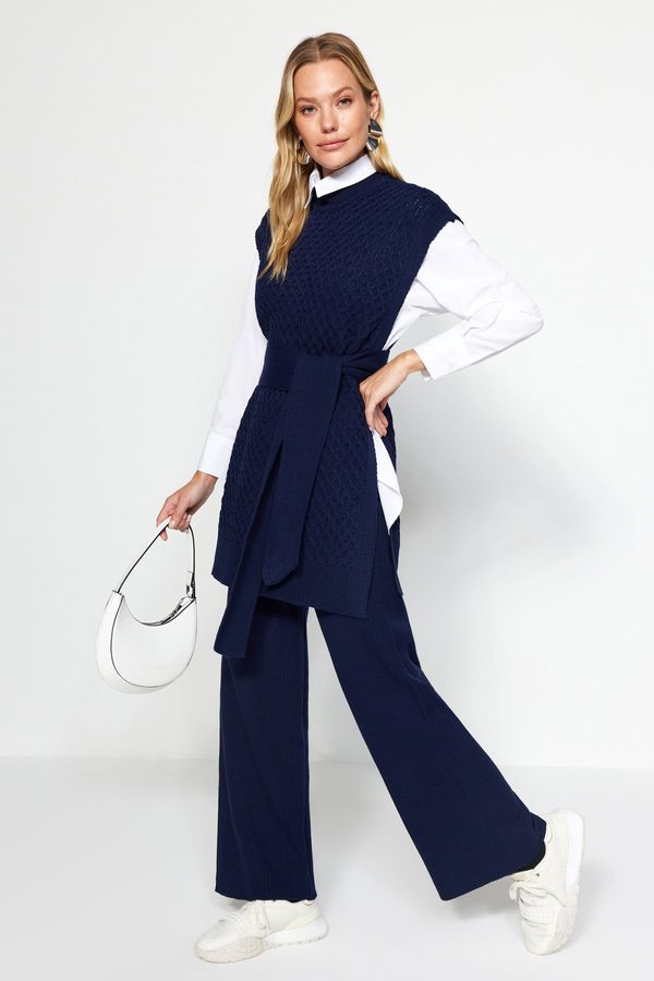 Trendyol Trendyol Navy Blue Belted Brass Knitted Sweater-Trousers Knitwear Two Piece Set