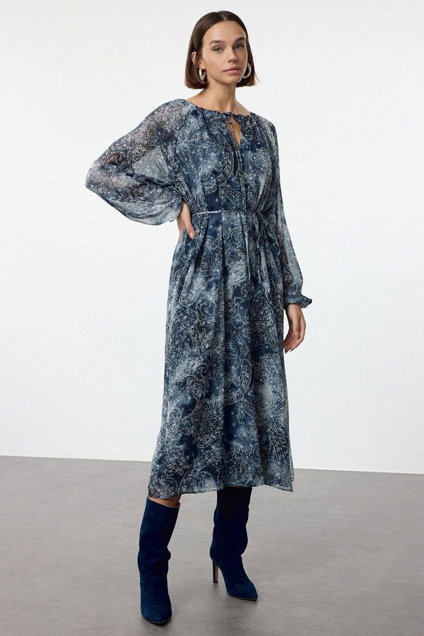 Trendyol Trendyol Navy Blue Belted Floral A-Line Midi Lined Woven Winter Dress