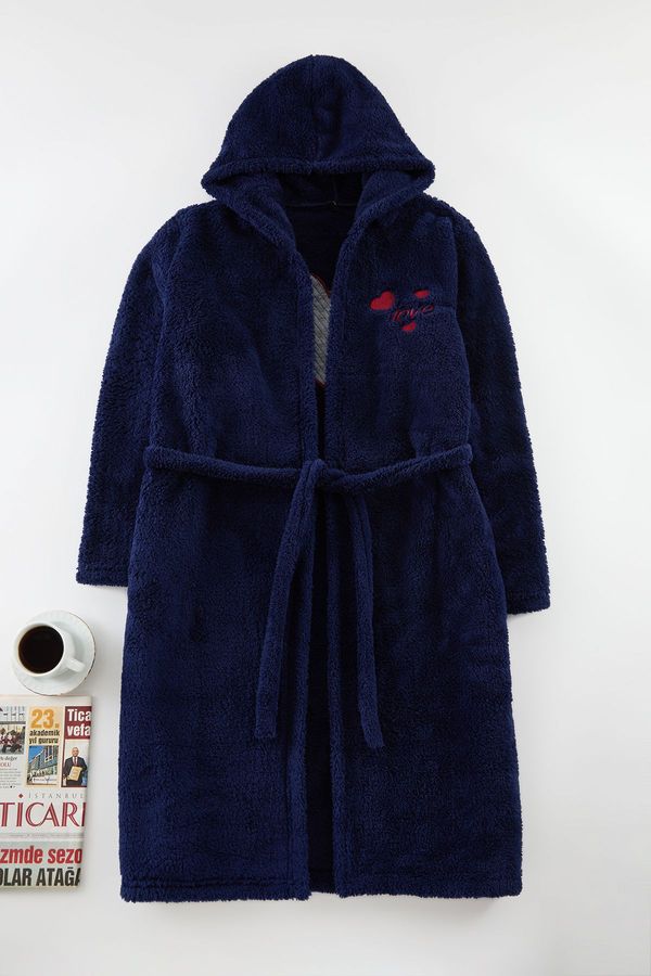 Trendyol Trendyol Navy Blue Belted Heart and Slogan Embroidered Hooded Wellsoft Winter Knitted Dressing Gown